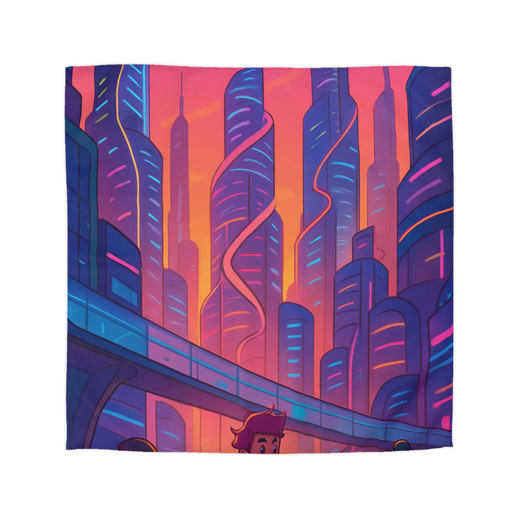 Housse de couette décor futuriste avec ville néon et gratte-ciel au coucher du soleil