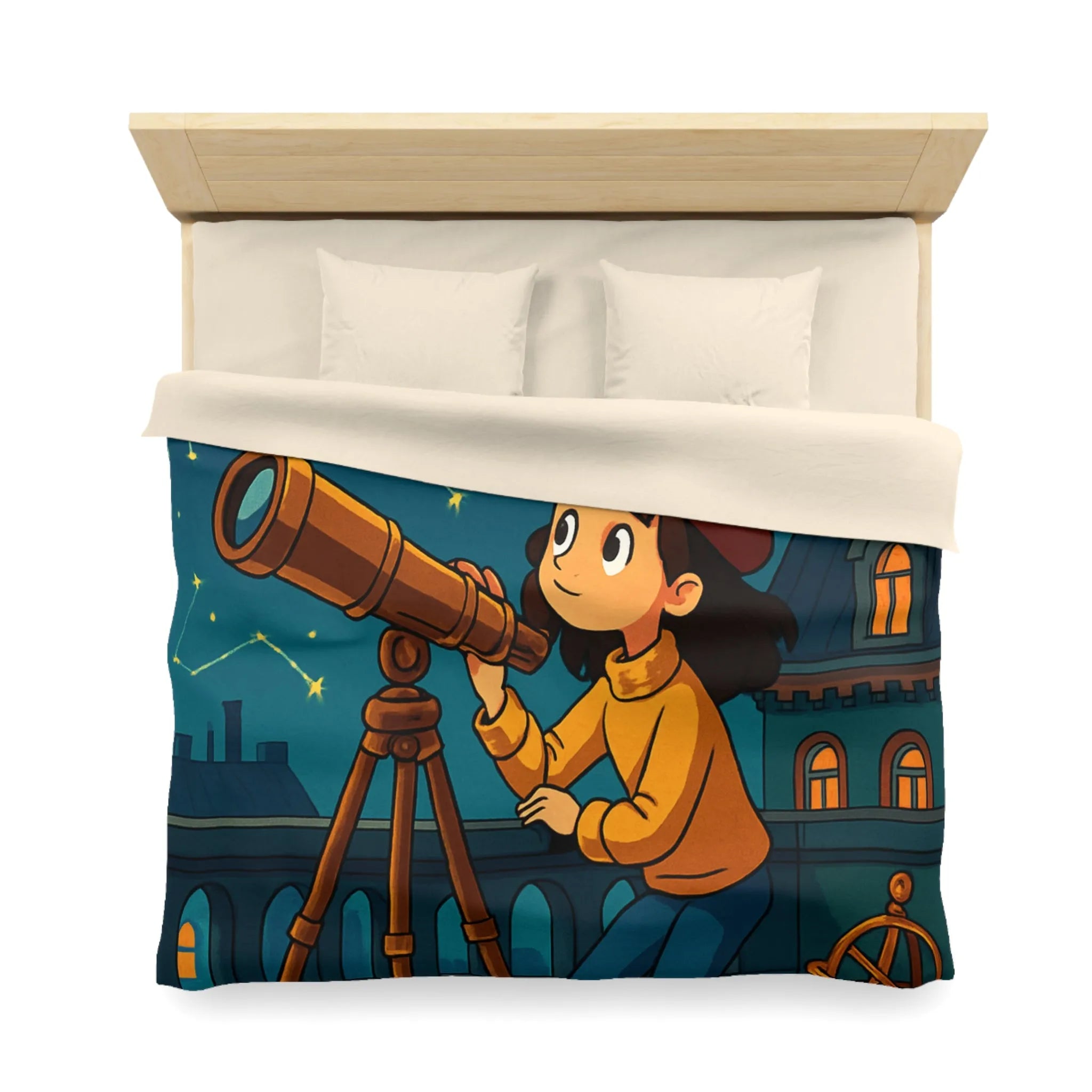 Housse de Couette Enfant Astronome avec Télescope, Ciel Étoilé Magique et Constellations