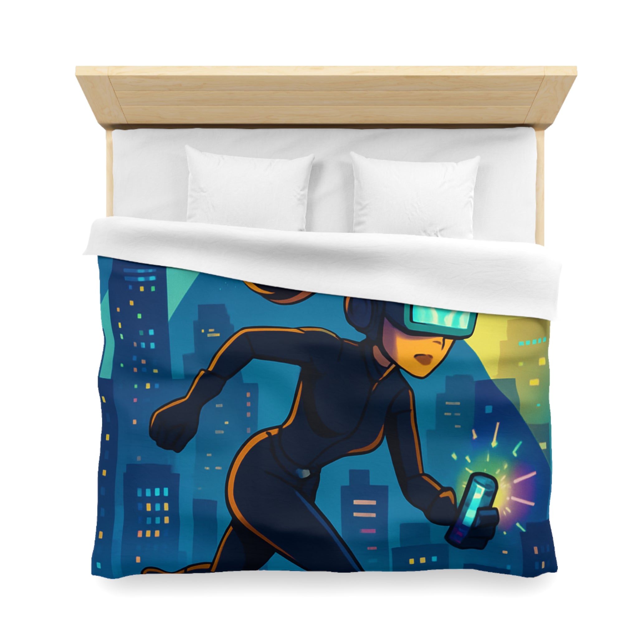 Housse de couette moderne avec motif de ville et personnage futuriste en action