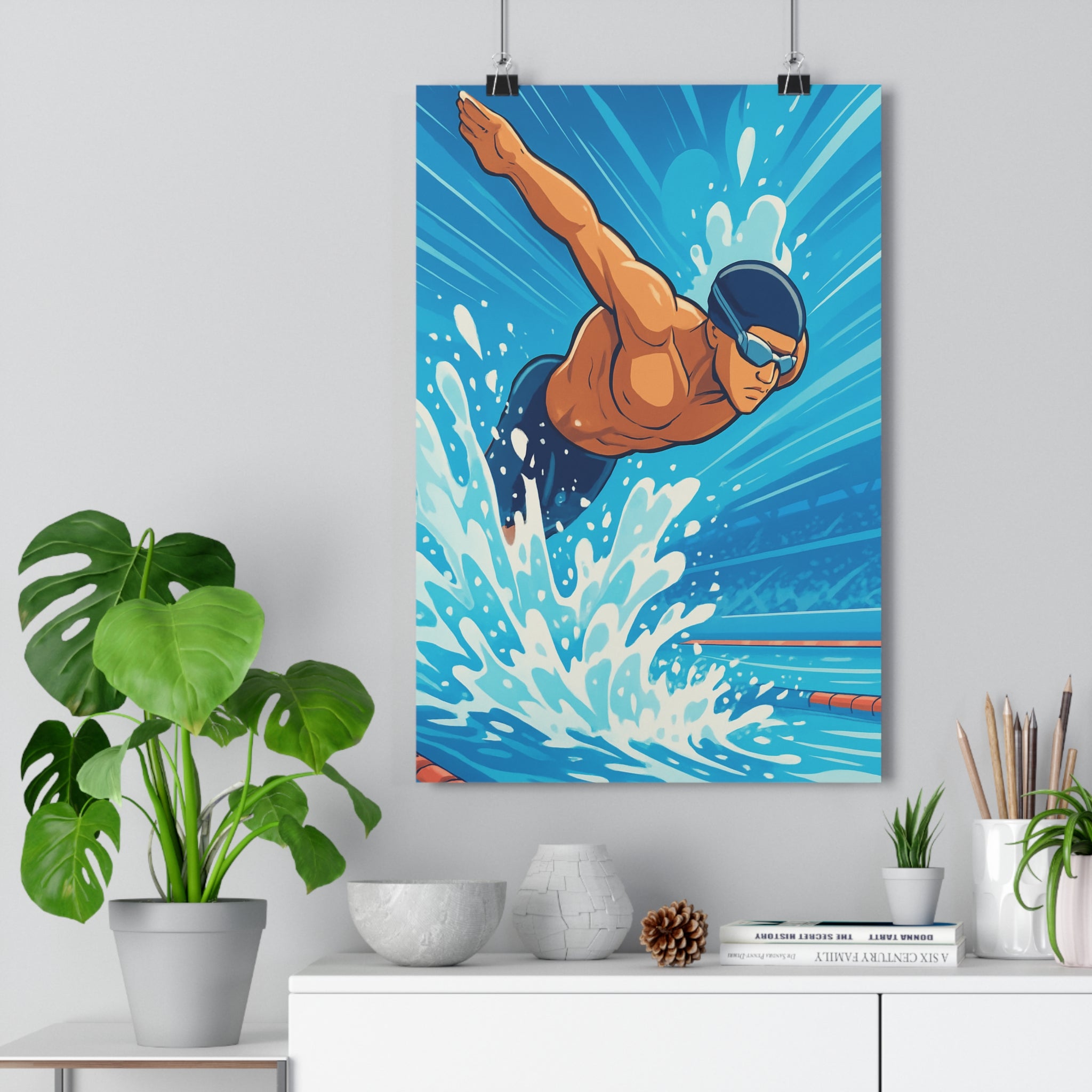 Poster décoratif animé bleu nageur sportif dynamique chambre bureau énergique action dessin 30x46 cm