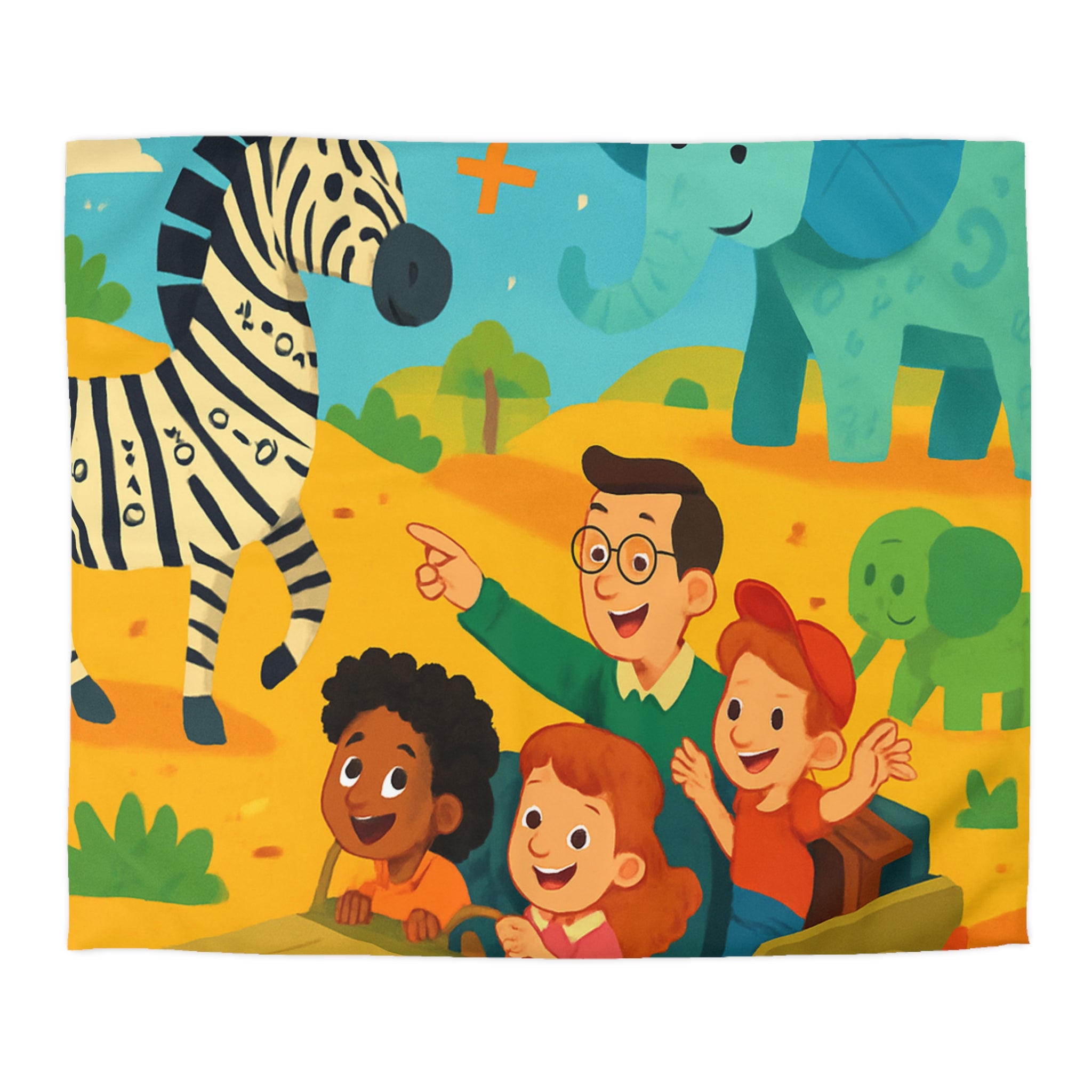 Housse de Couette Safari Éducatif avec Animaux Colorés et Enfants en Aventure