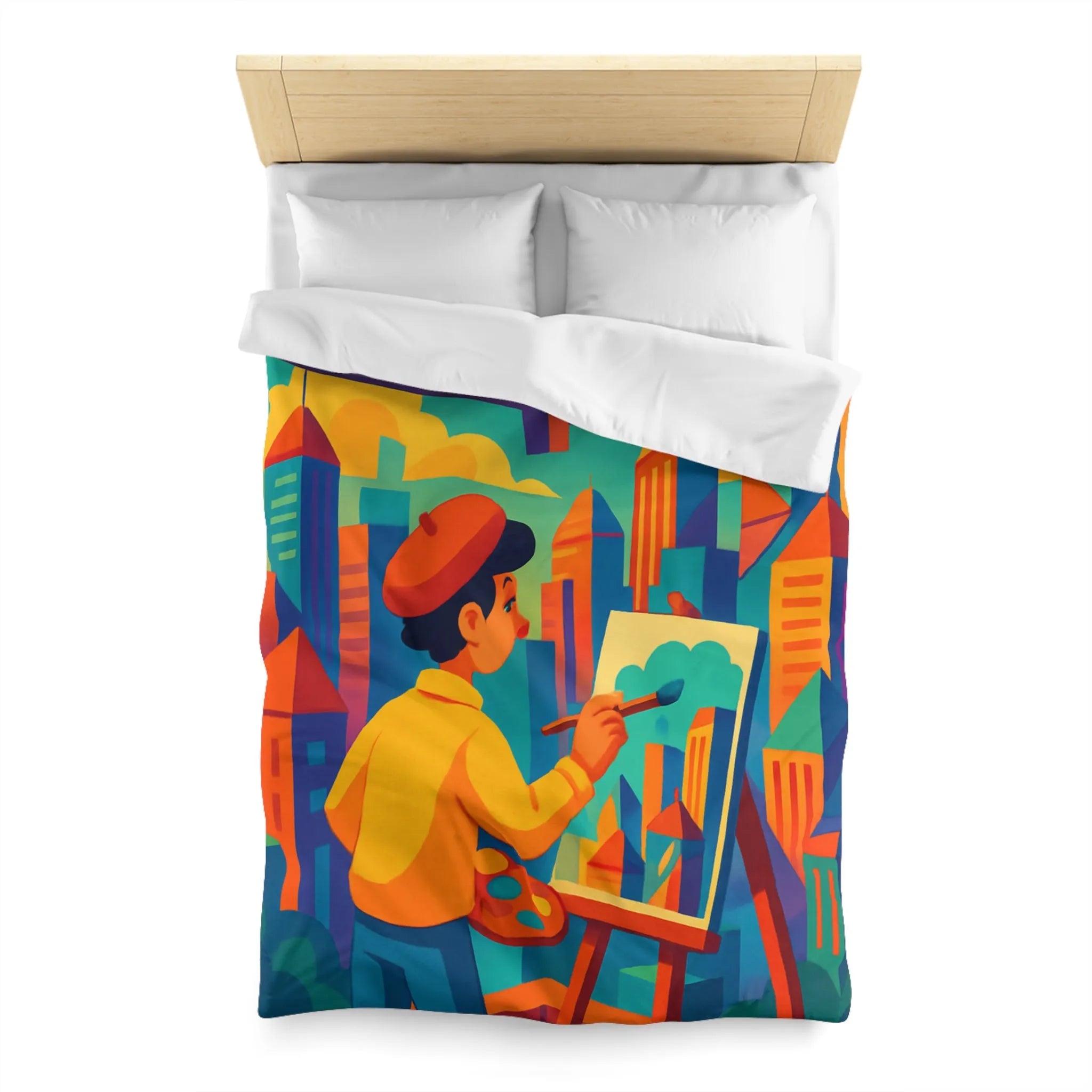 Housse de couette illustrée avec artiste et paysage urbain aux couleurs vibrantes