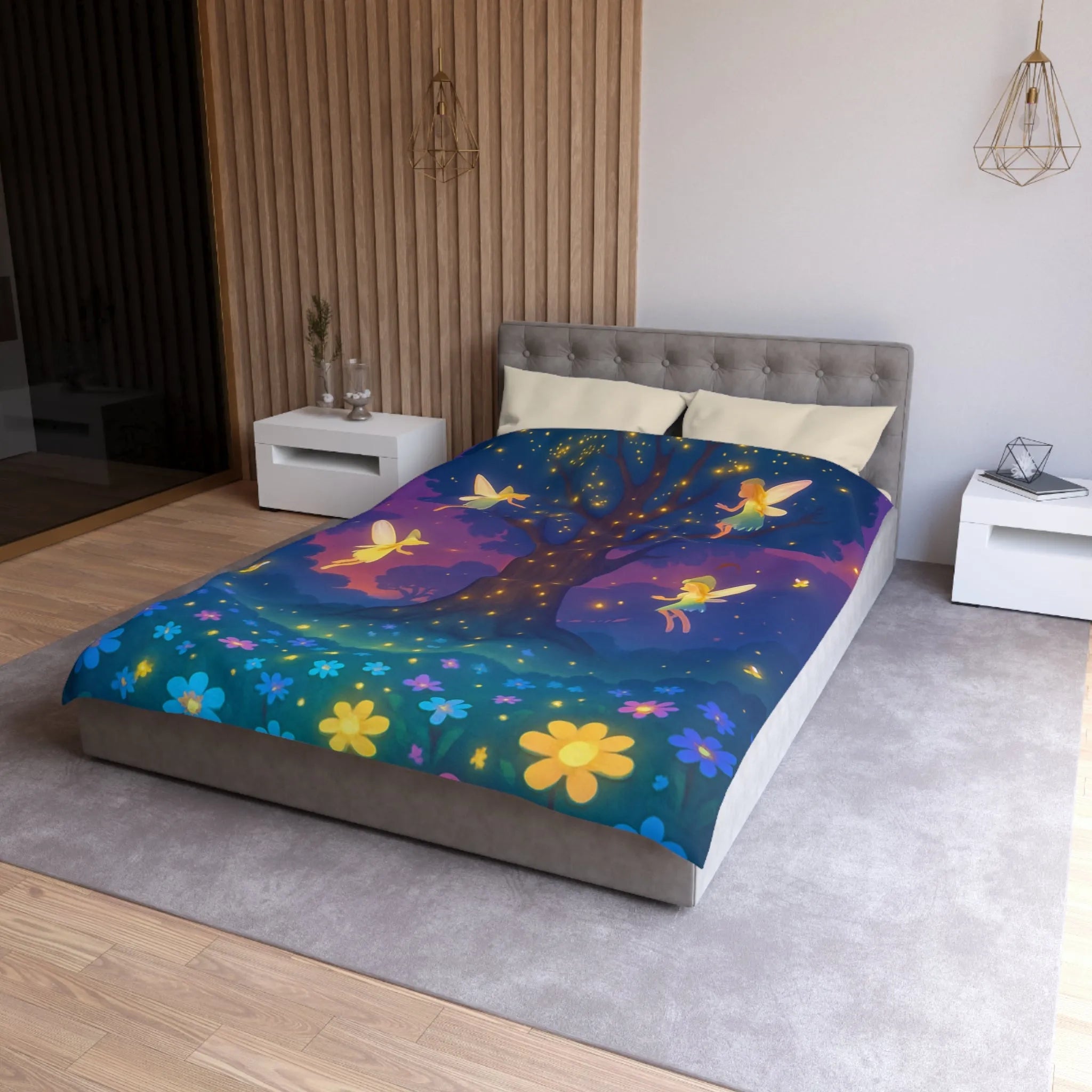 Housse de couette féérique avec fées lumineuses et fleurs colorées pour chambre magique