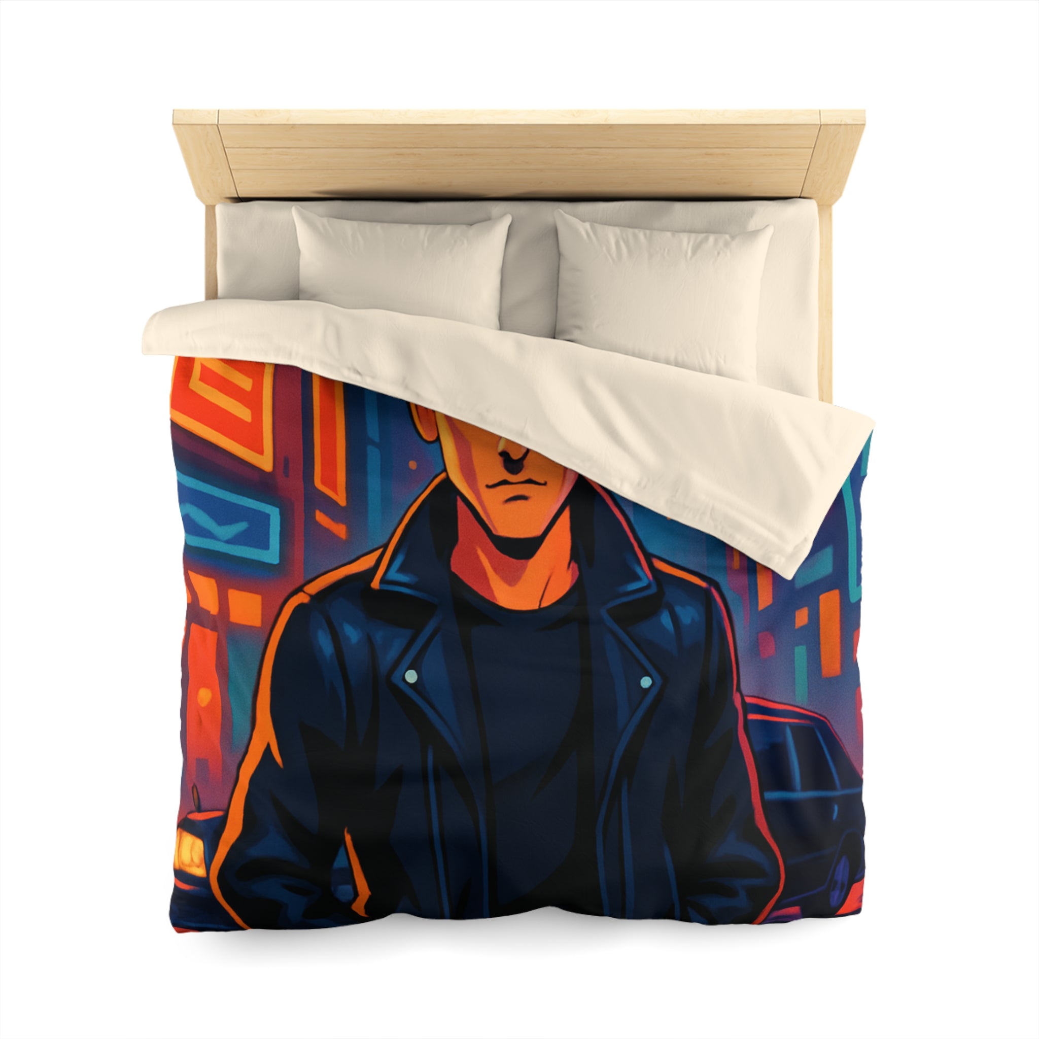 Housse de couette style rétro avec personnage en ville lumineuse sous pleine lune