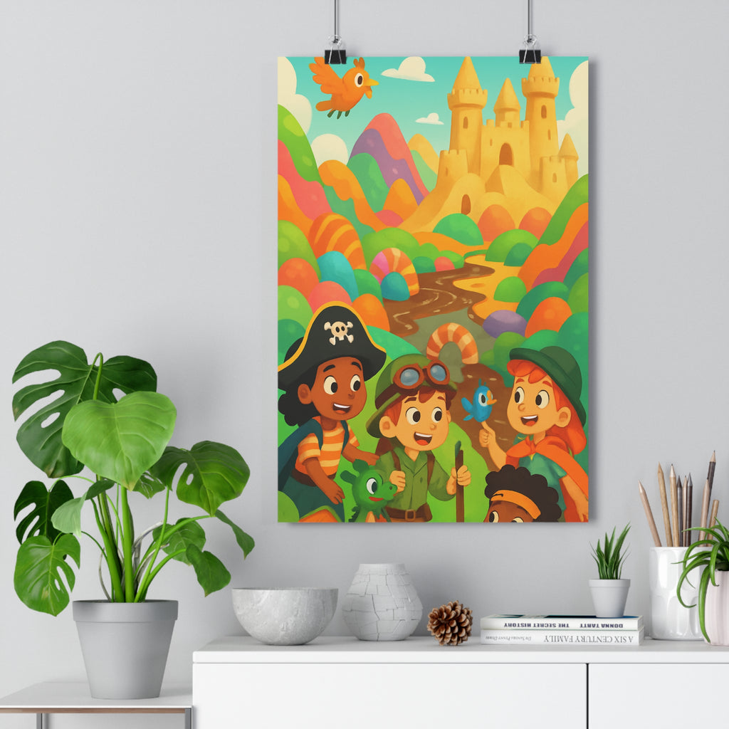 Poster décoratif enfant aventure coloré bleu orange cartoon joyeux chambre créature fantastique explorateur paysage