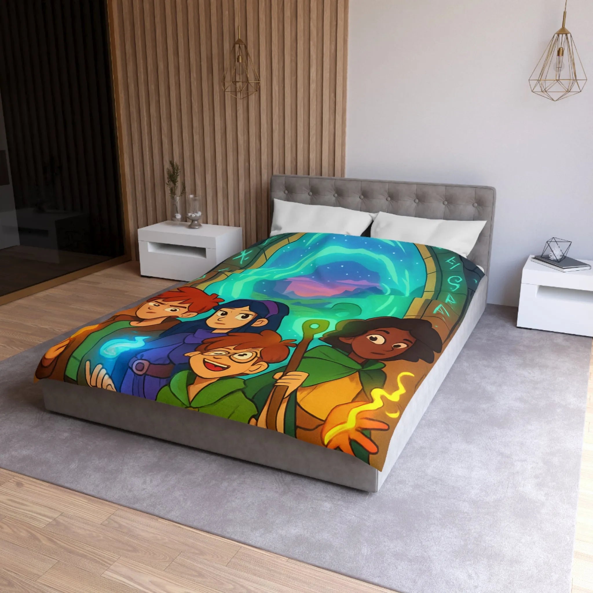 Housse de couette magique avec aventuriers devant portail et runes lumineuses