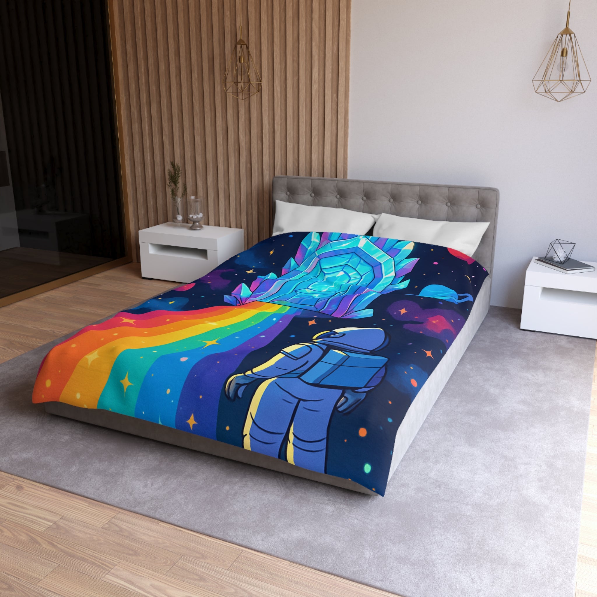 Housse de couette rêve cosmique : astronaute, porte de cristal et univers coloré