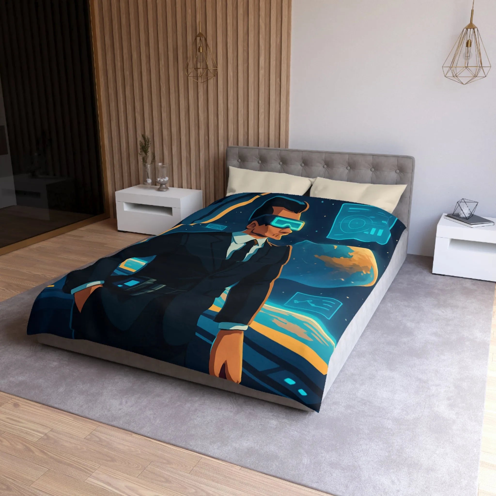 Housse de couette futuriste avec agent spatial et paysages cosmiques numériques immersifs