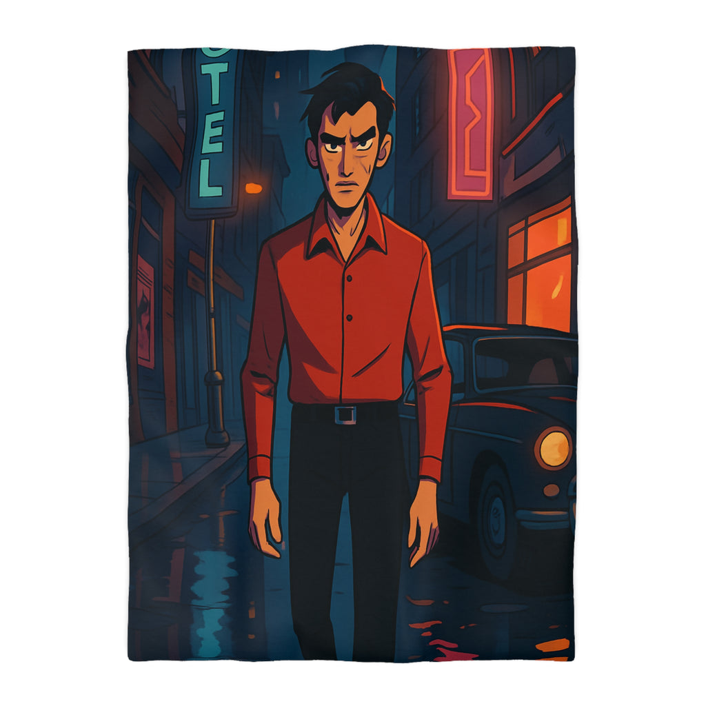 Housse de couette urbaine nocturne avec homme mystérieux et néons colorés