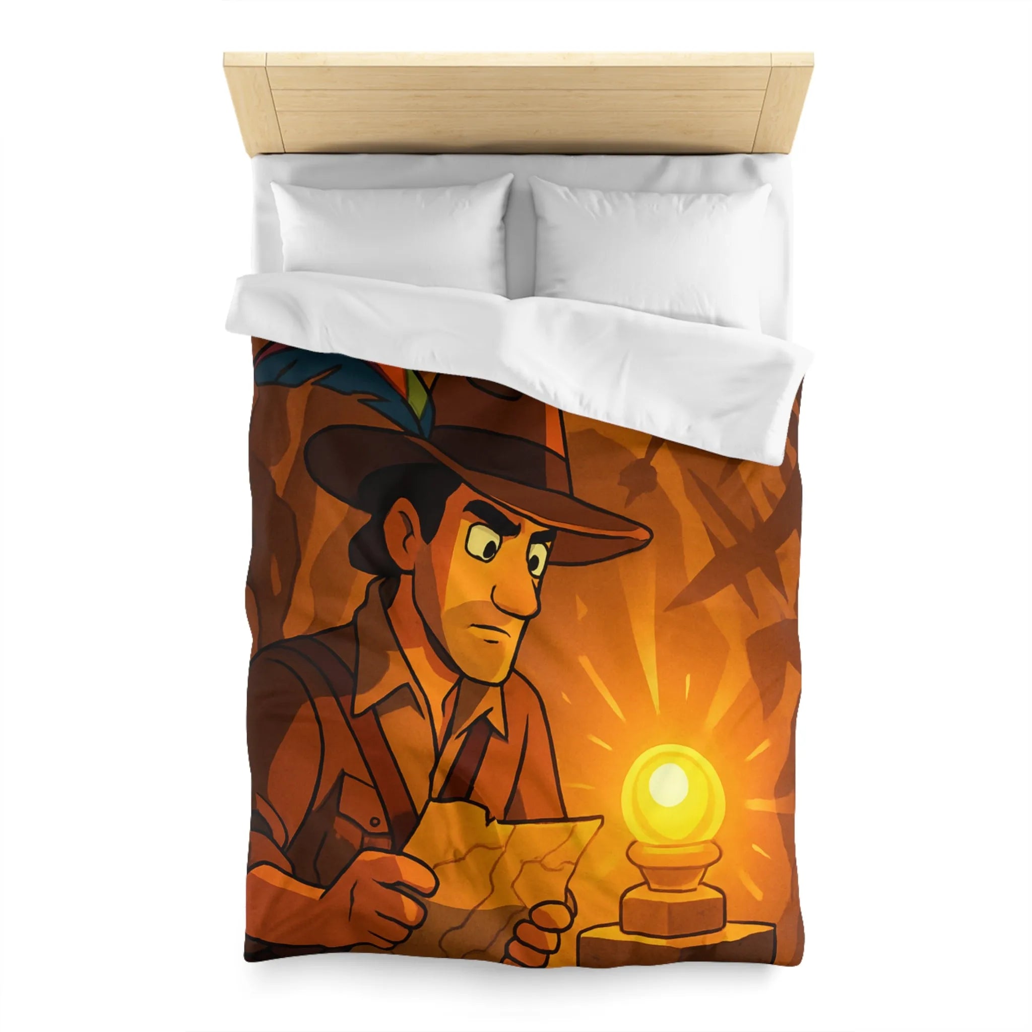 Housse de couette exploration mystérieuse avec lumière dorée et carte ancienne
