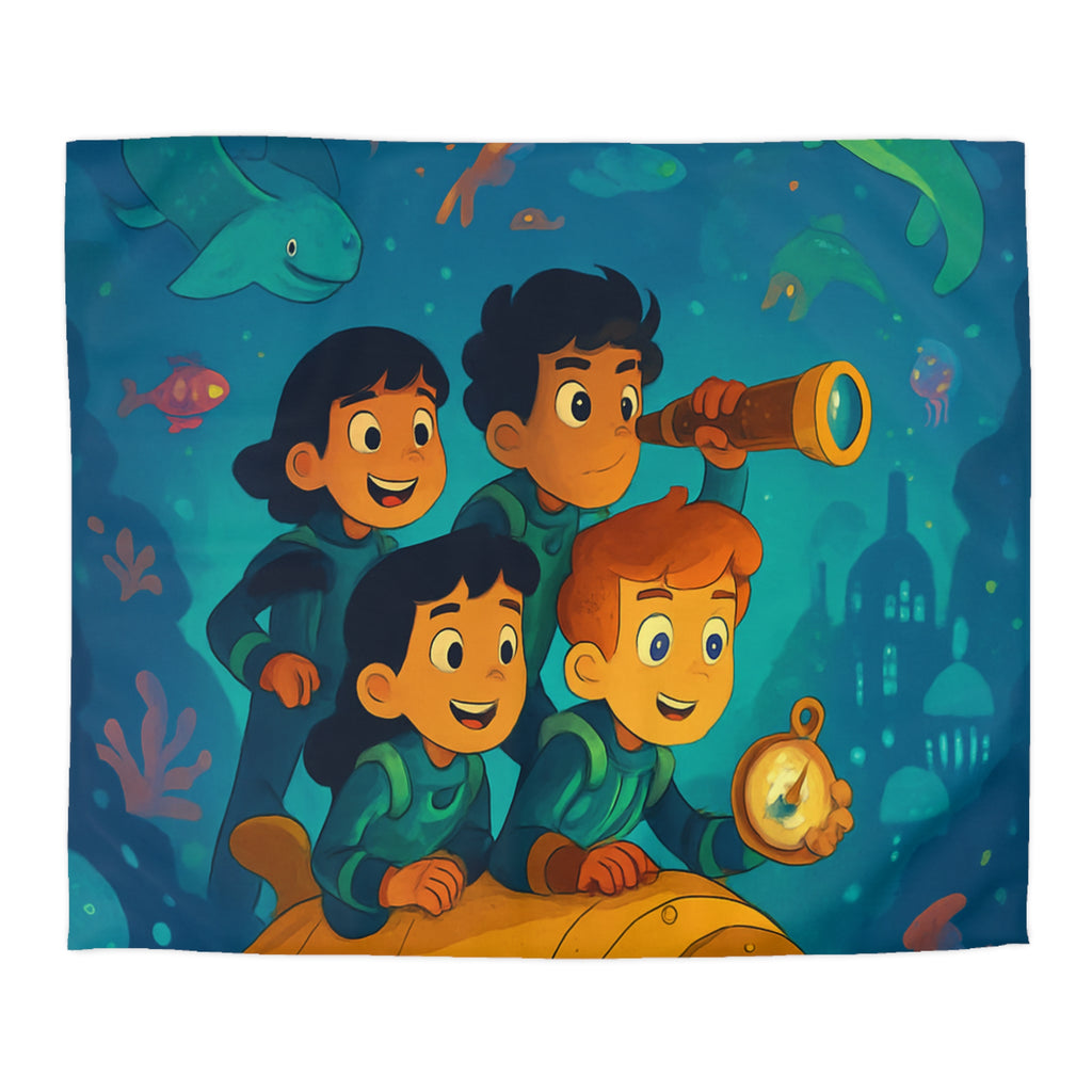 Housse de couette sous-marine avec enfants explorateurs et animaux marins joyeux