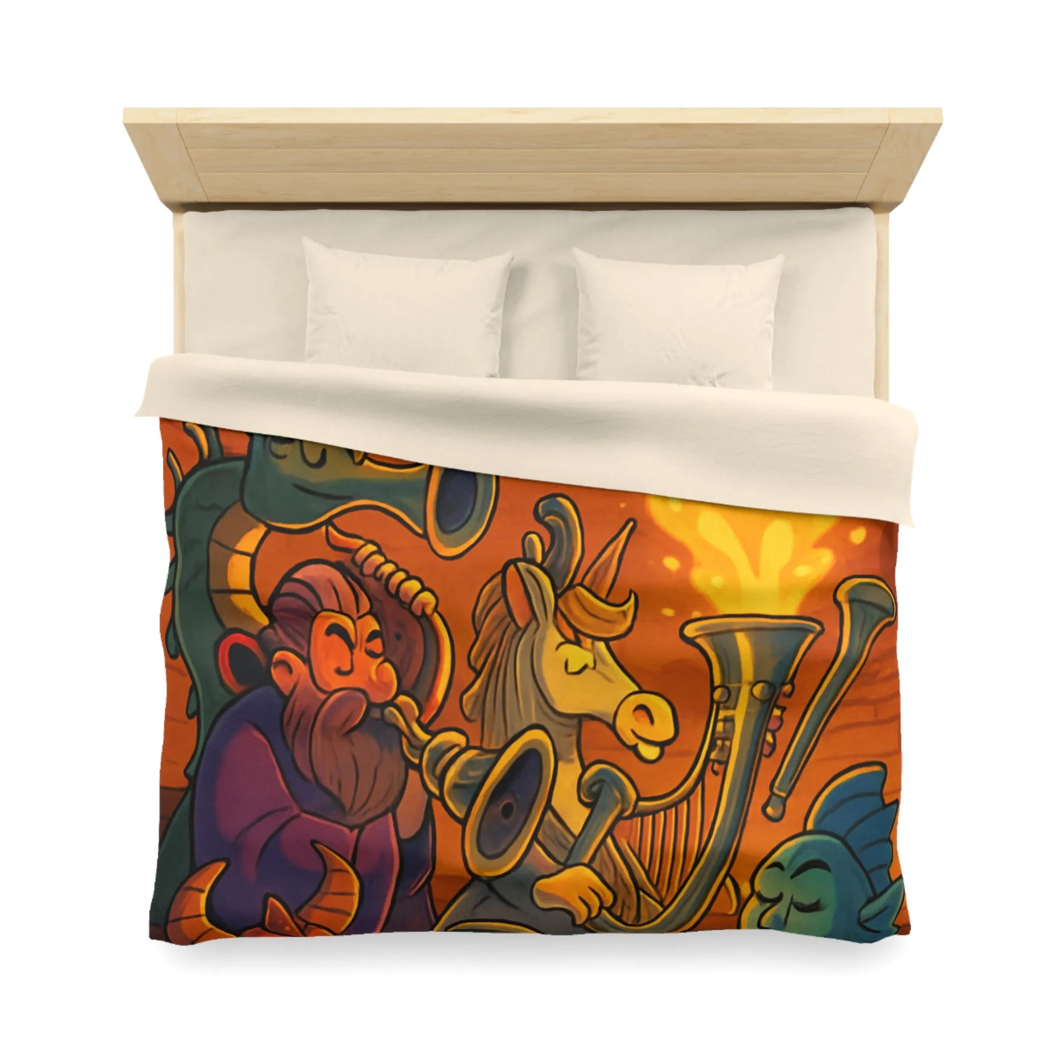 Housse de couette fantastique illustrée avec dragons, musiciens mythiques et couleurs flamboyantes