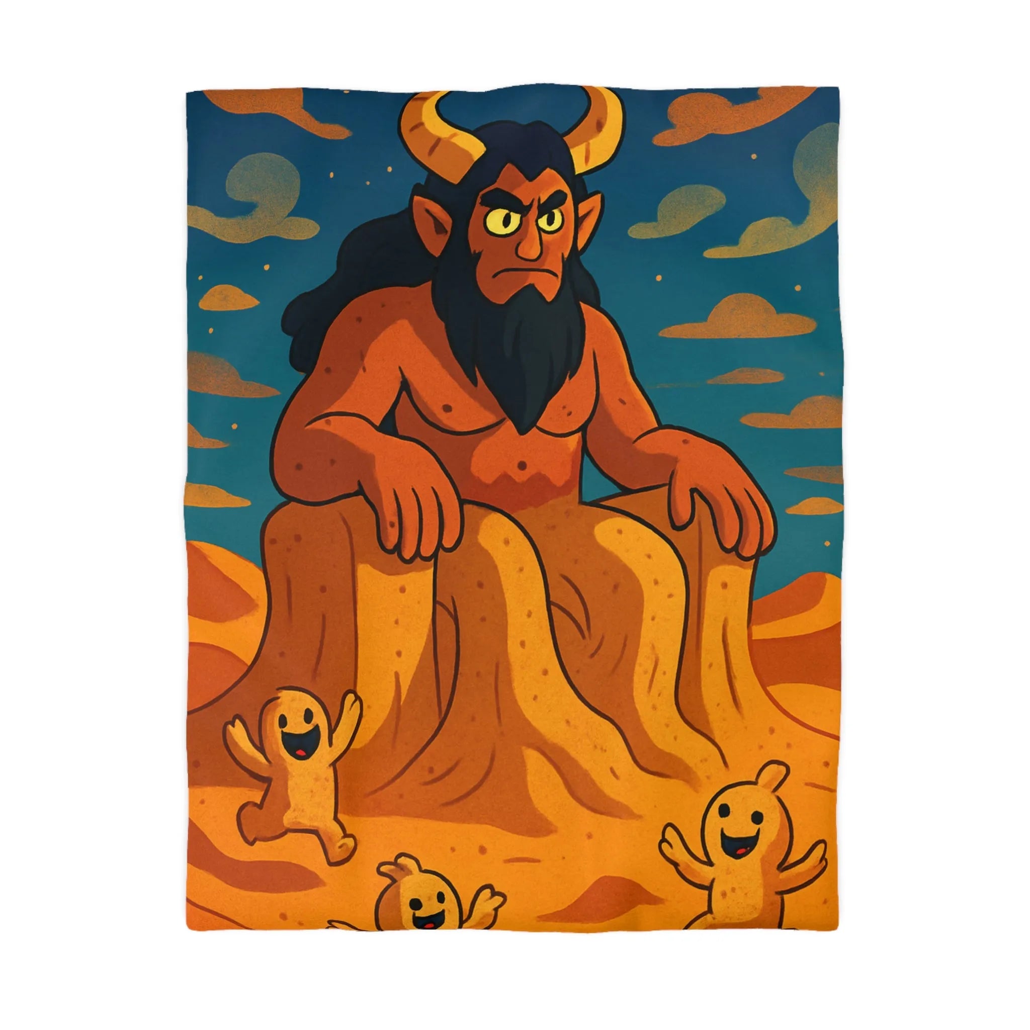 Housse de couette illustration désert démon cornu amusant créatures souriantes ciel étoilé