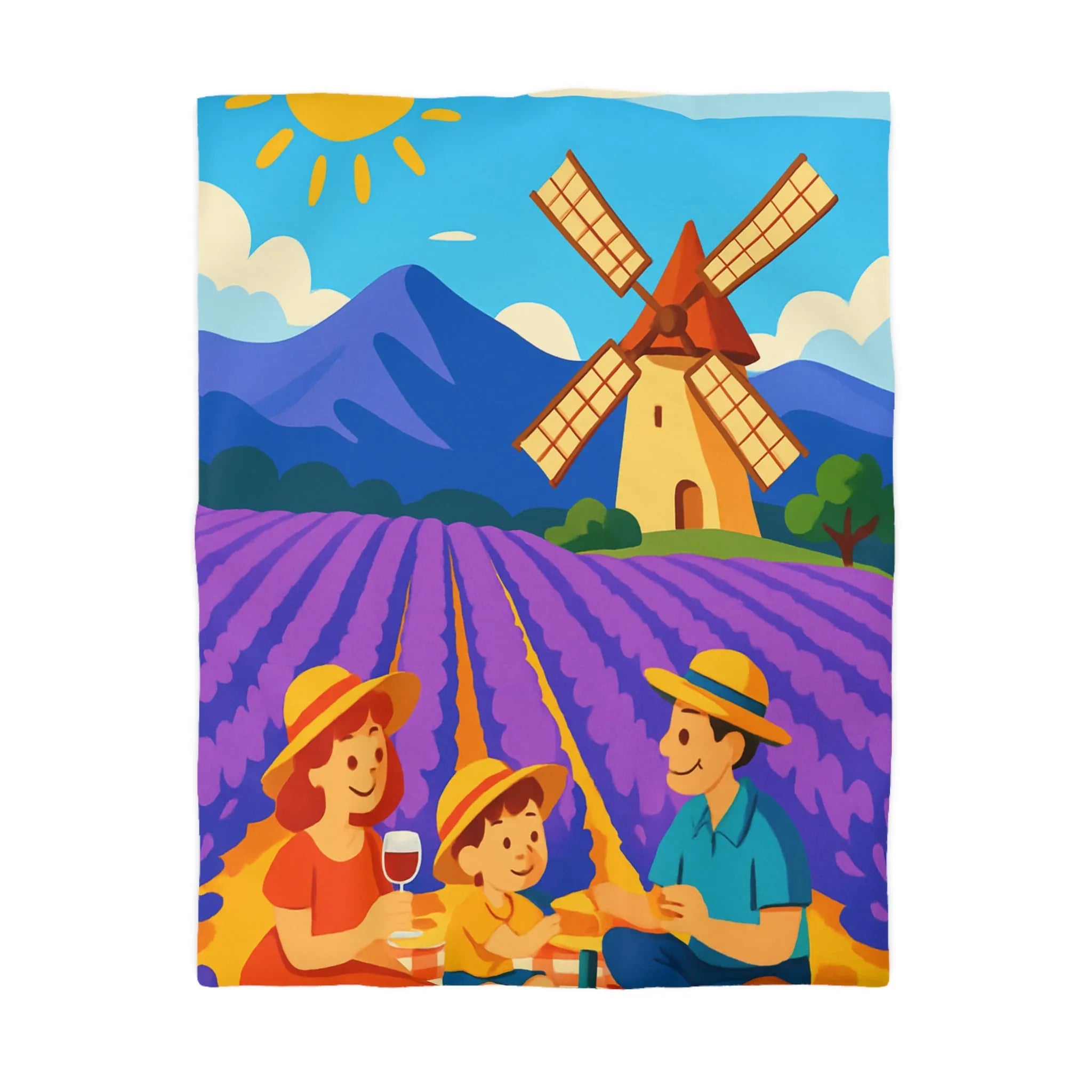 Housse de Couette Illustrée Scène de Pique-Nique en Provence avec Moulin à Vent