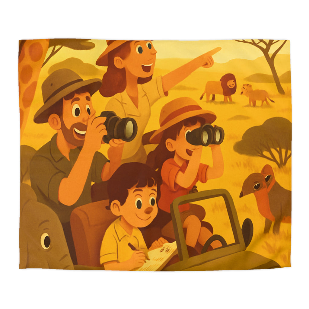 Housse de couette safari animalier avec paysage savane et jeep familiale amusante