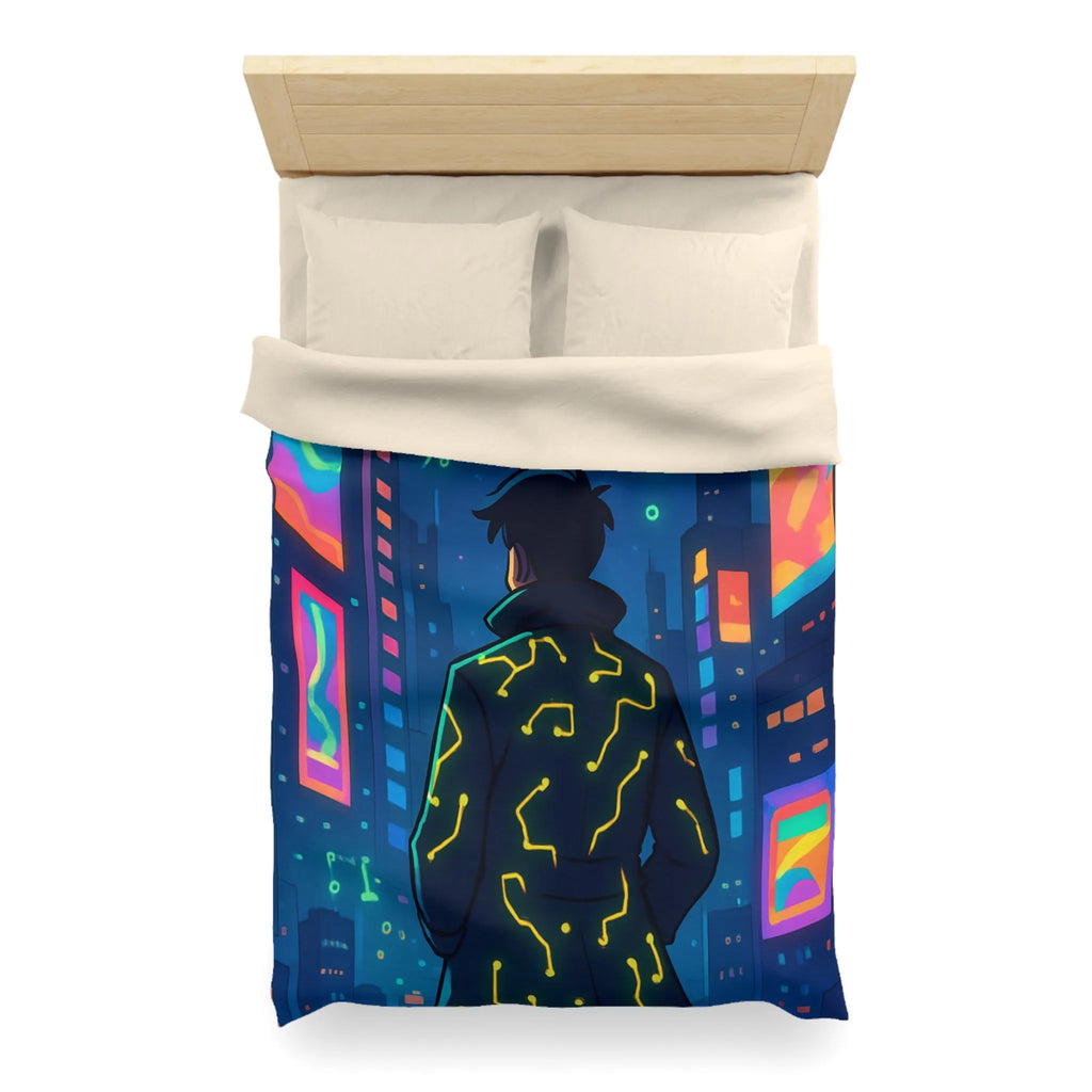 Housse de couette futuriste avec affichage numérique néon dans une ville cyberpunk