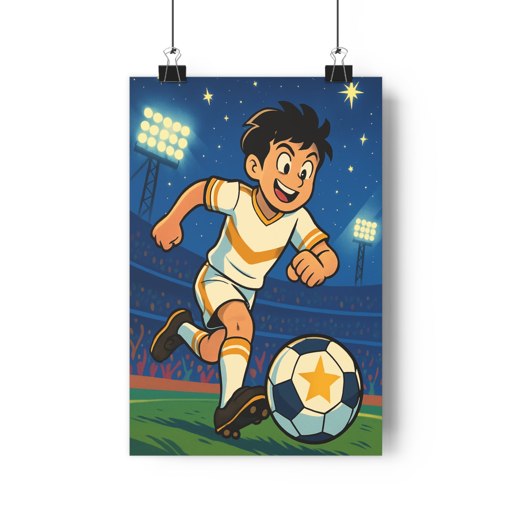 Poster décoratif cartoon énergique blanc or joyeux enfant football dynamique vibrant atmosphère sport mur