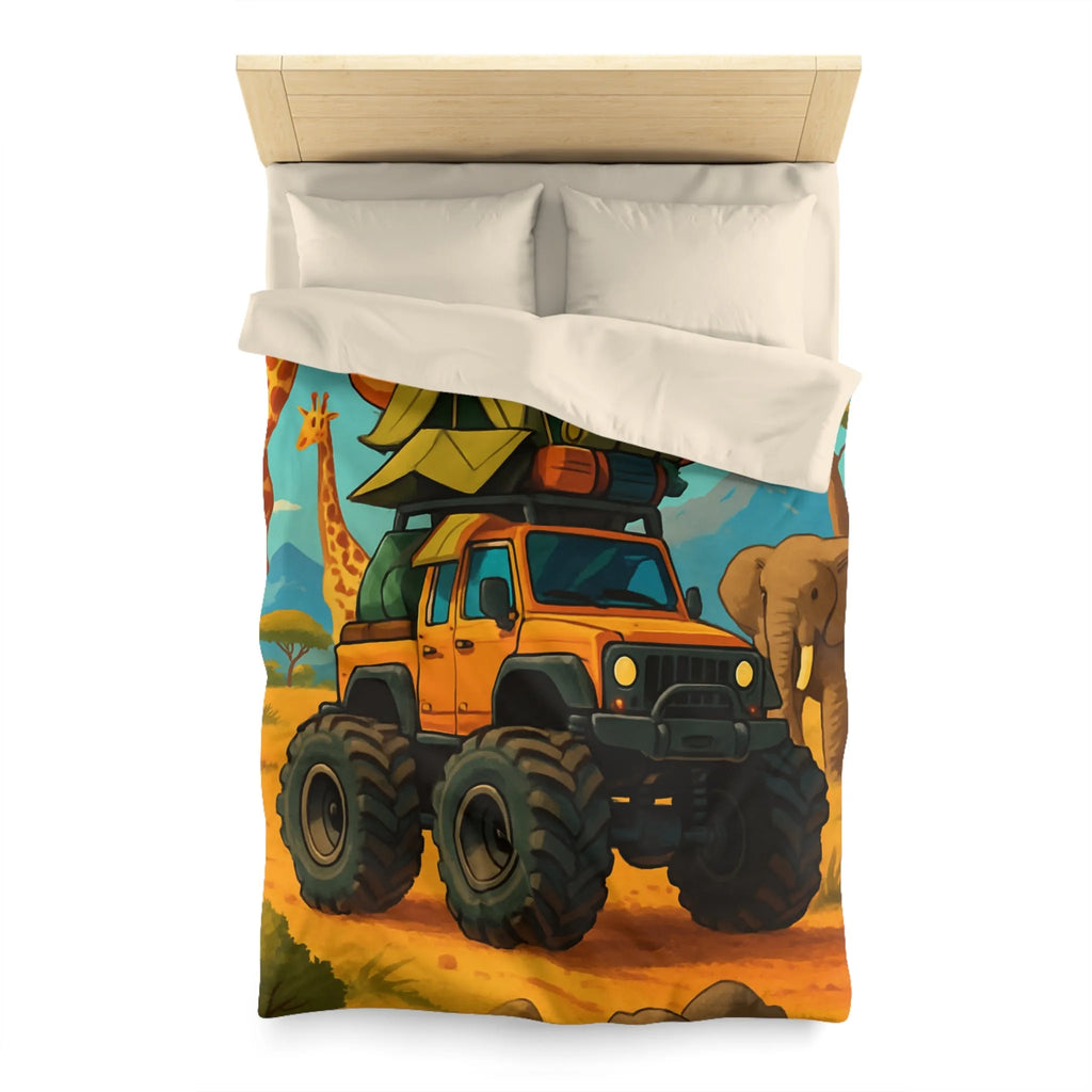 Housse de couette colorée avec véhicule tout-terrain et animaux dans la savane africaine