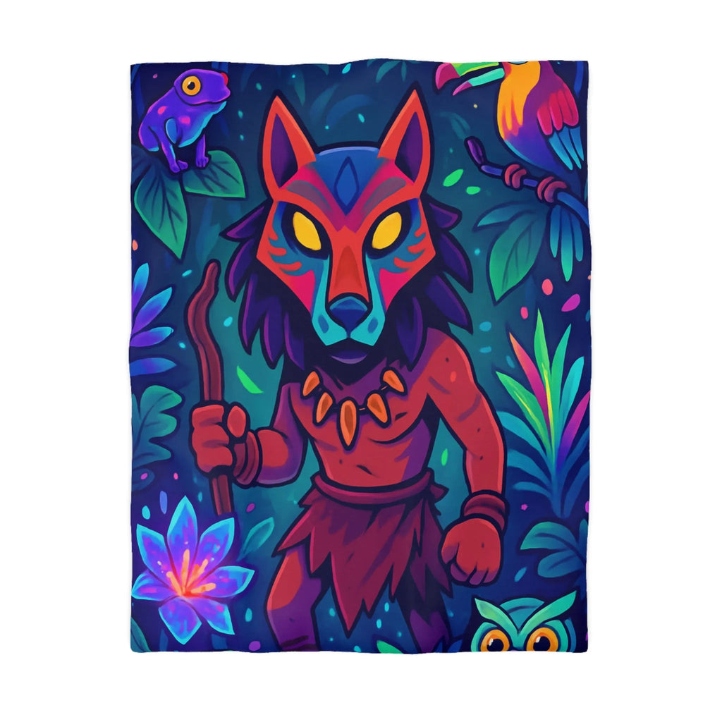 Housse de couette jungle avec guerrier masqué, animaux vibrants et feuillage exotique