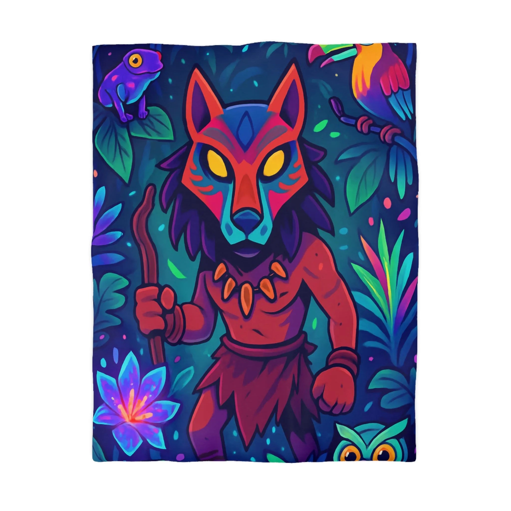 Housse de couette jungle avec guerrier masqué, animaux vibrants et feuillage exotique