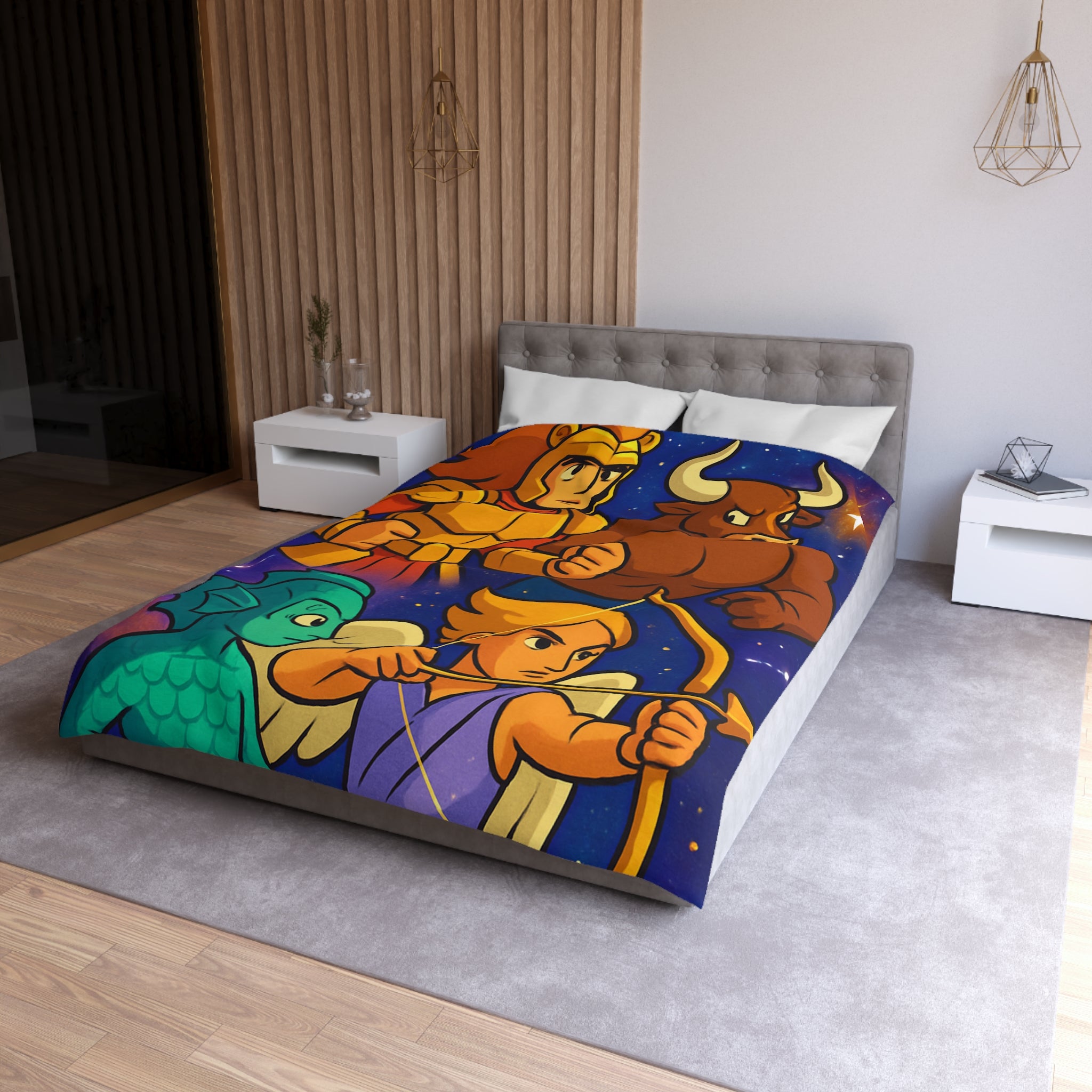 Housse de couette zodiaque illustrée avec chevalier, taureau, ange et créature marine