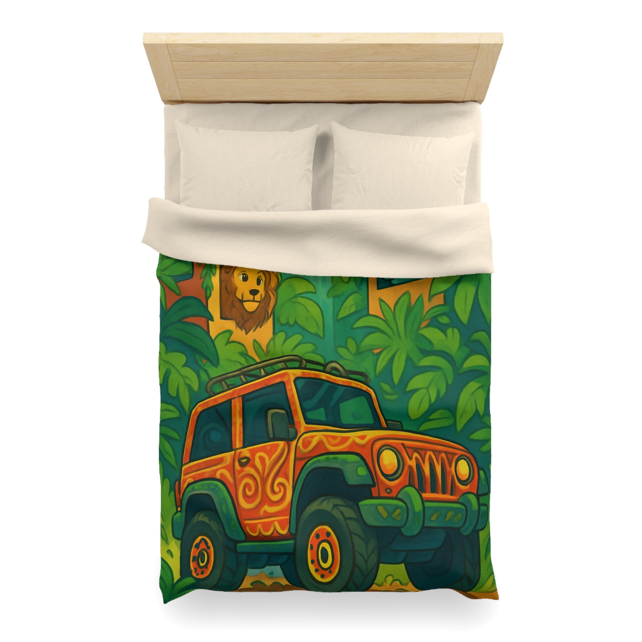 Housse de couette vibrante jungle aventure avec animaux et véhicule tout-terrain colorés