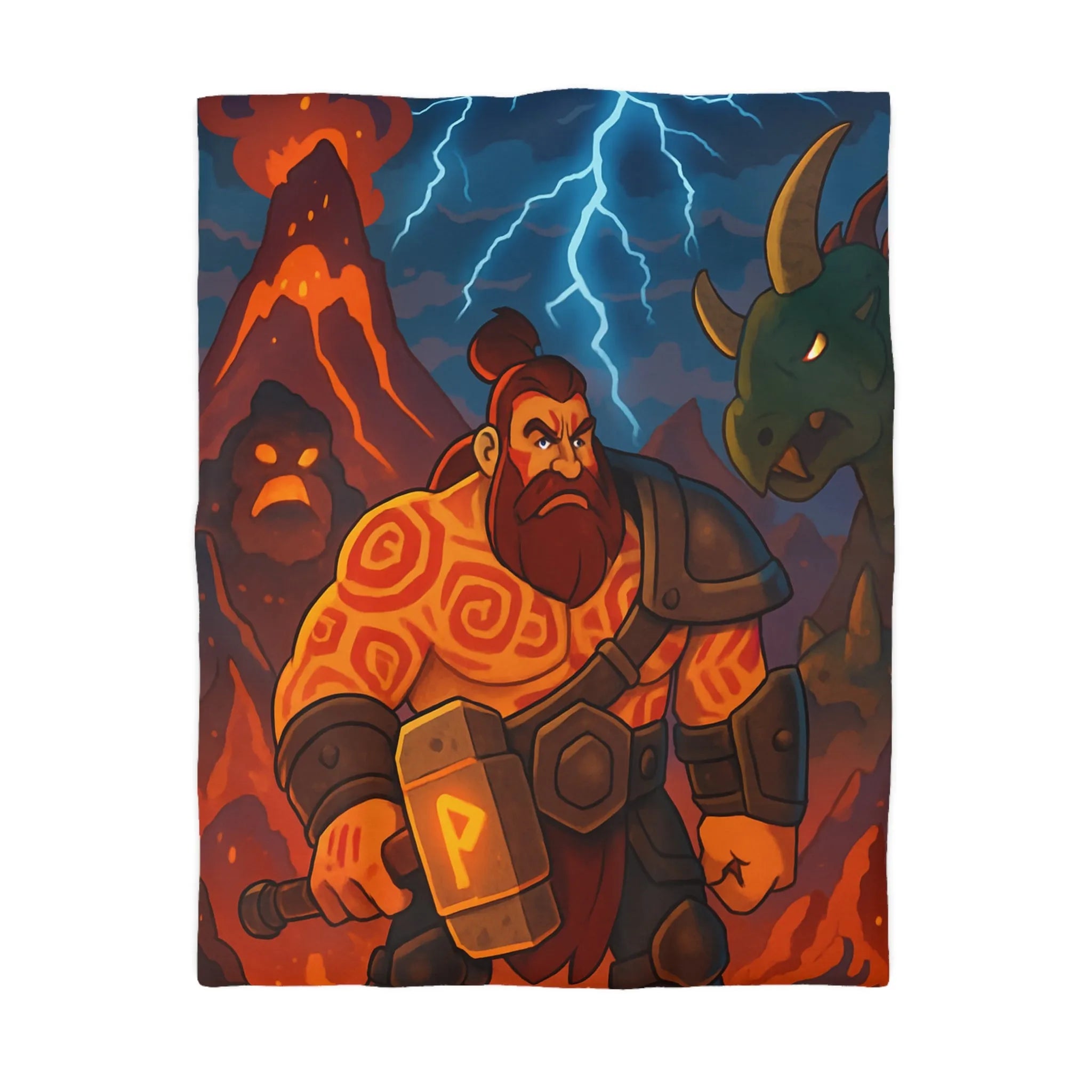 Époustouflante illustration de guerrier barbu avec marteau dans paysage volcanique dramatique