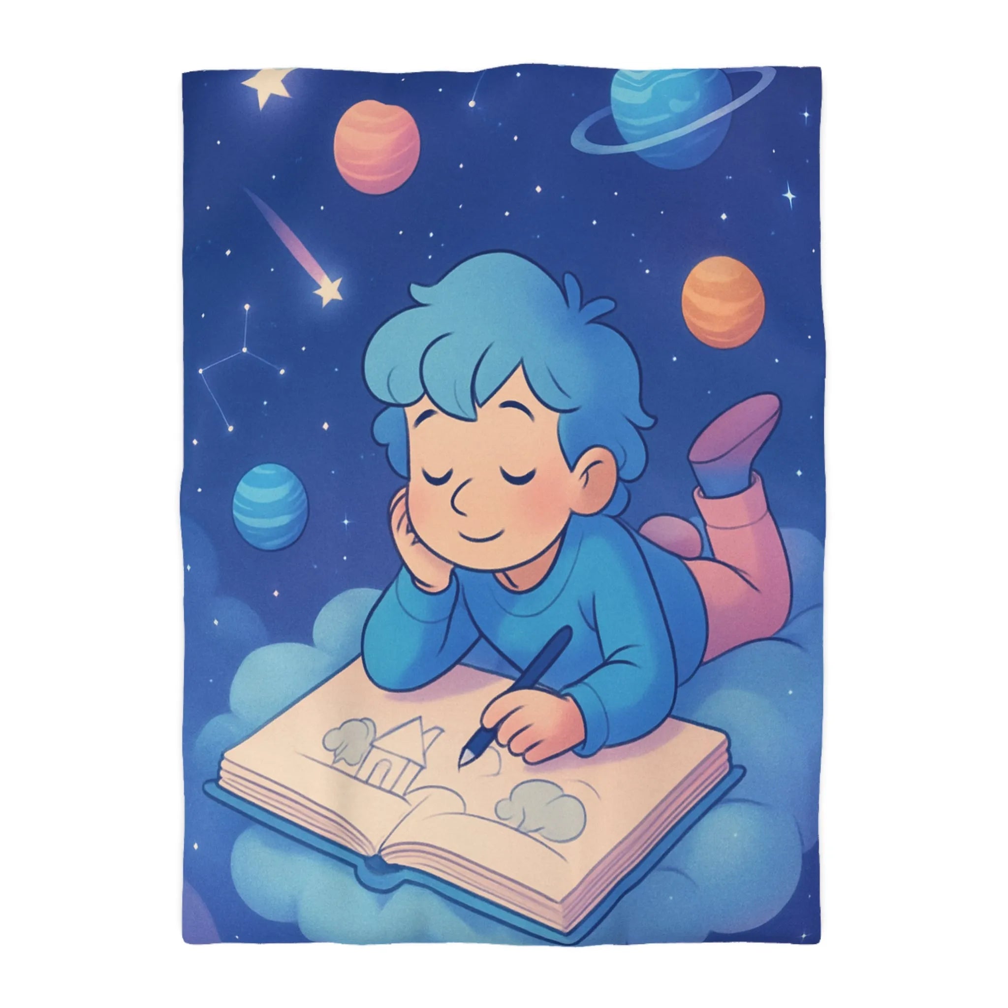 Housse de couette enfant rêve étoilé avec cosmos et garçon sur nuage