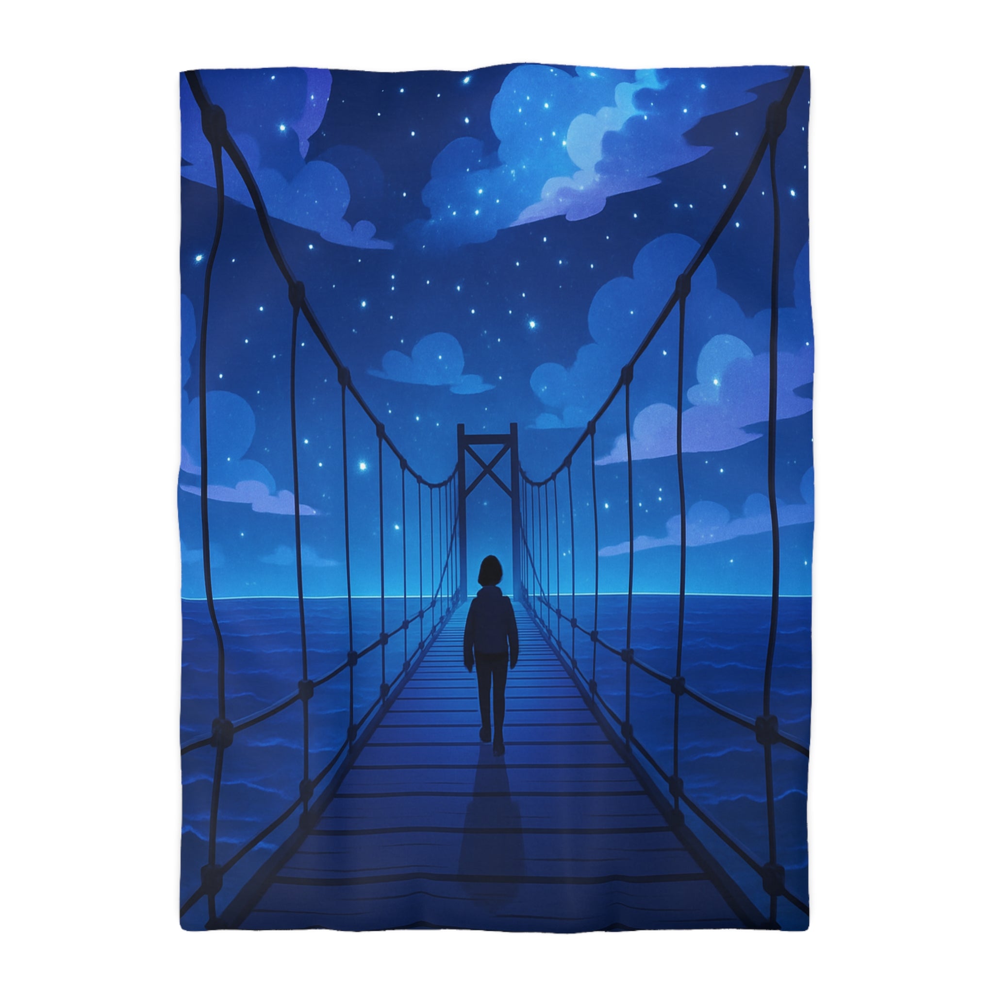 Housse de couette pont étoilé avec silhouette sous ciel nocturne bleu profond