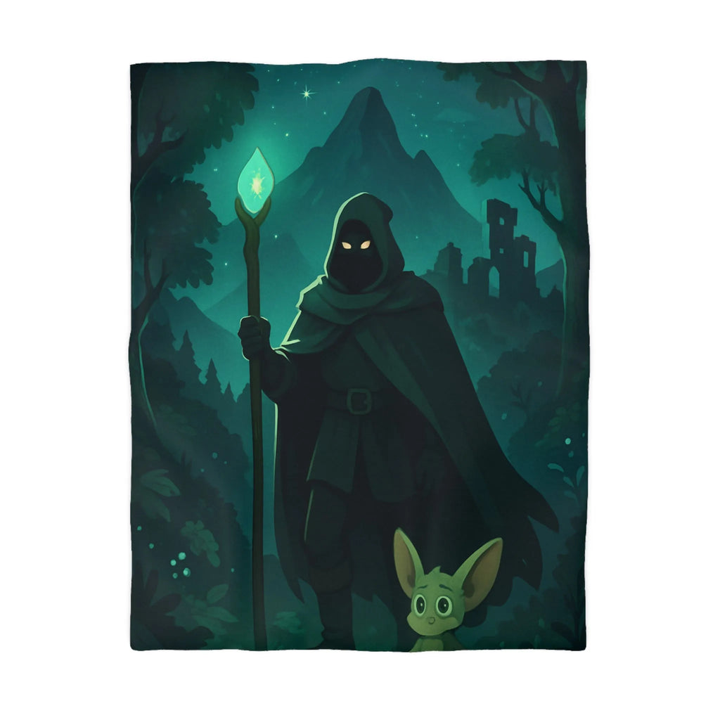 Housse de couette magique avec sorcier nocturne et créature enchantée sous lune étoilée