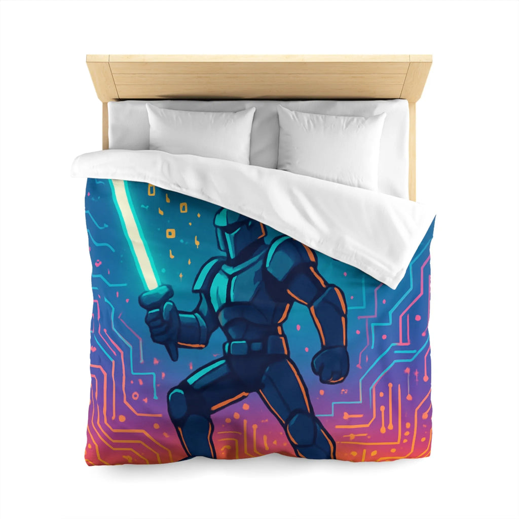 Housse de couette futuriste avec chevalier numérique et dragon volant coloré et épique