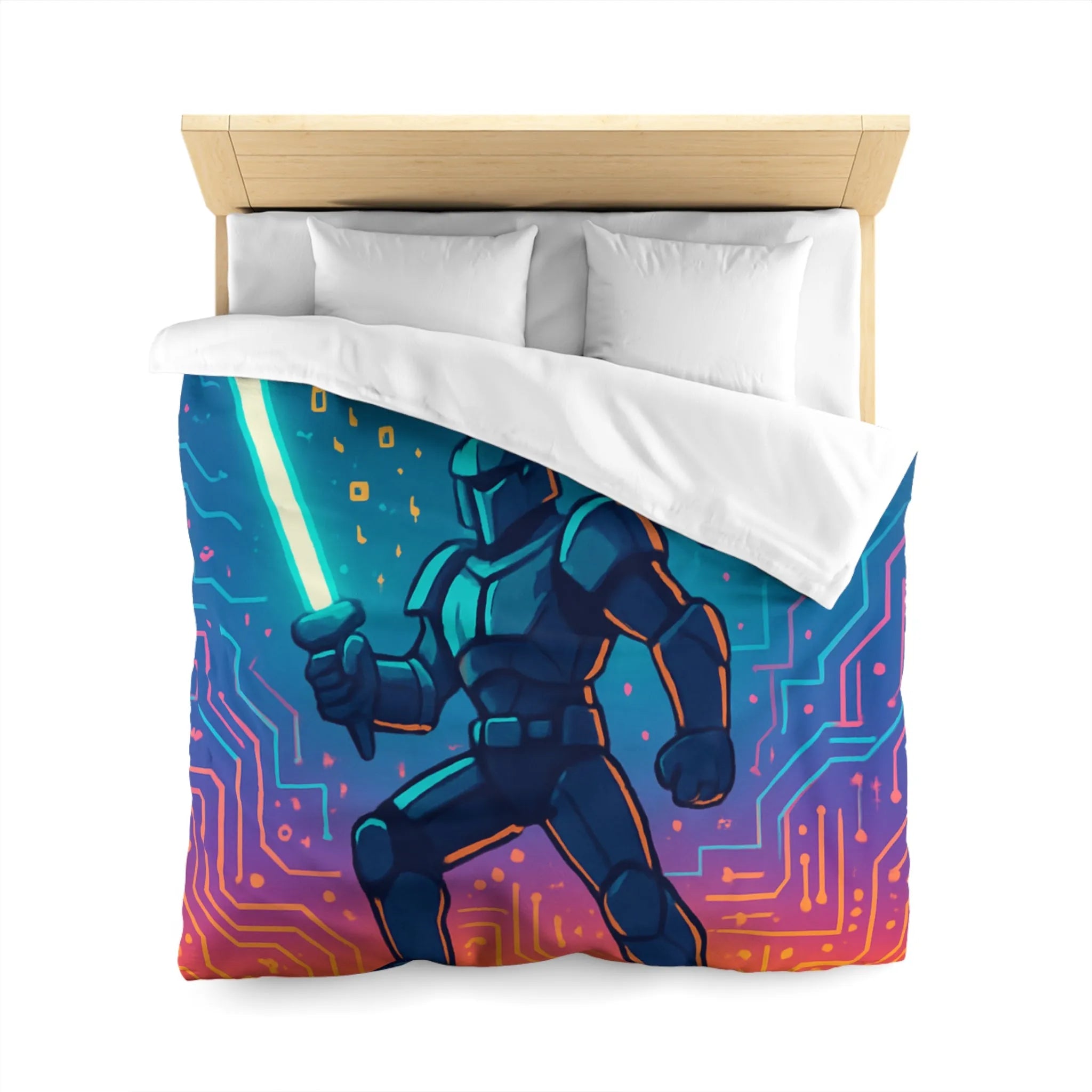 Housse de couette futuriste avec chevalier numérique et dragon volant coloré et épique