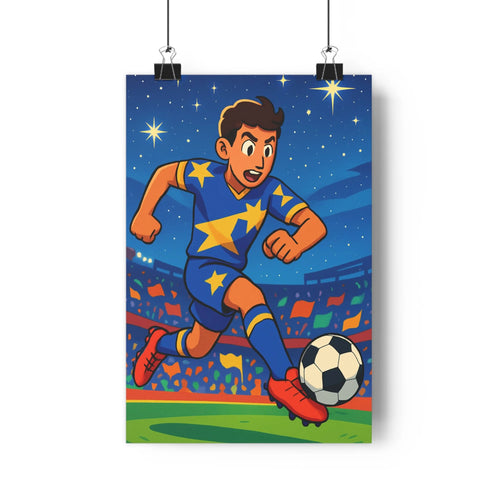 Poster sportif joueur football action gradins spectateurs ciel nocturne étoiles bleu jaune rouge contours nets expressions faciales ambiance joyeuse chambre