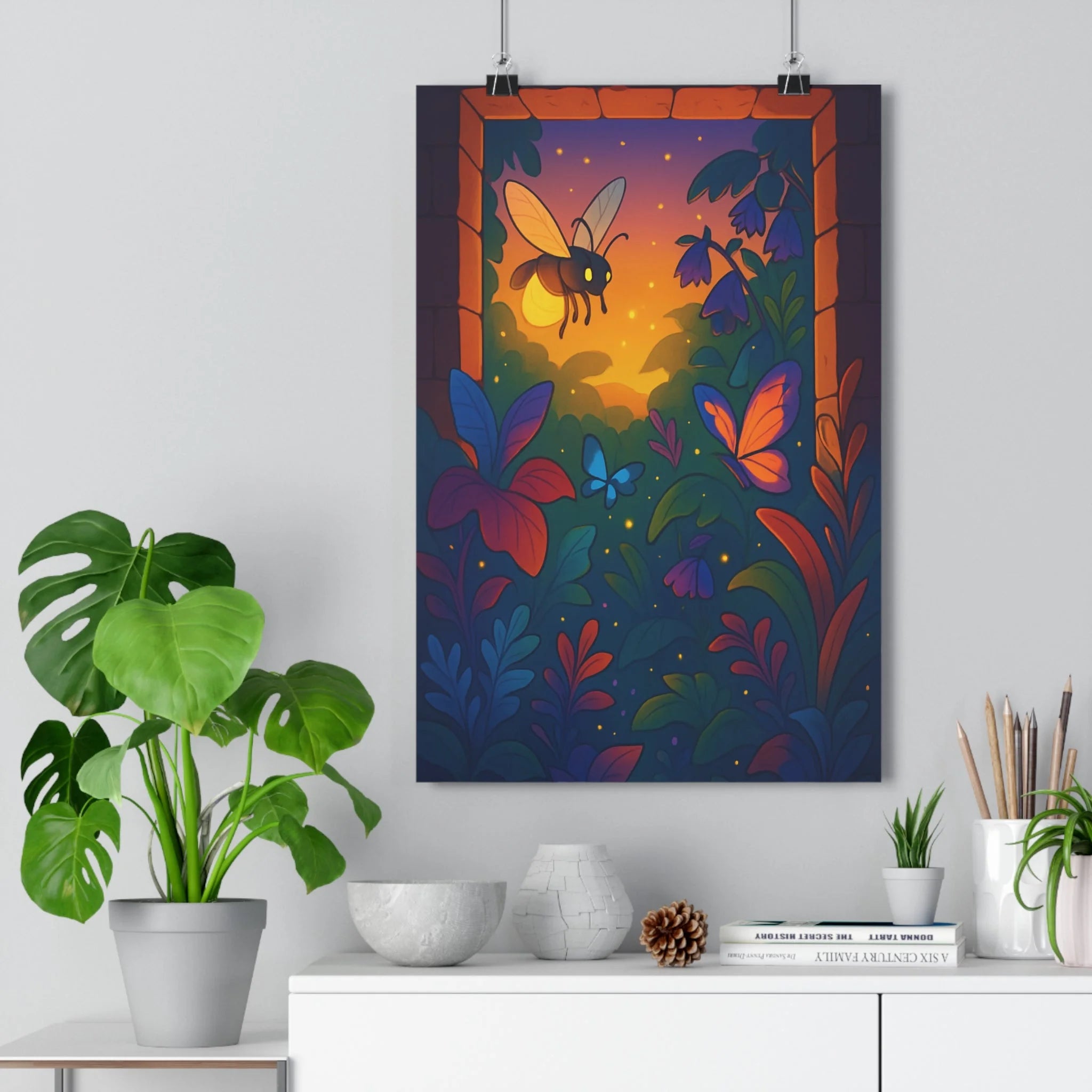 Poster décoratif jardin enchanté cartoon luciole coloré papillons multicolores magique enfant chambre 30x46 cm