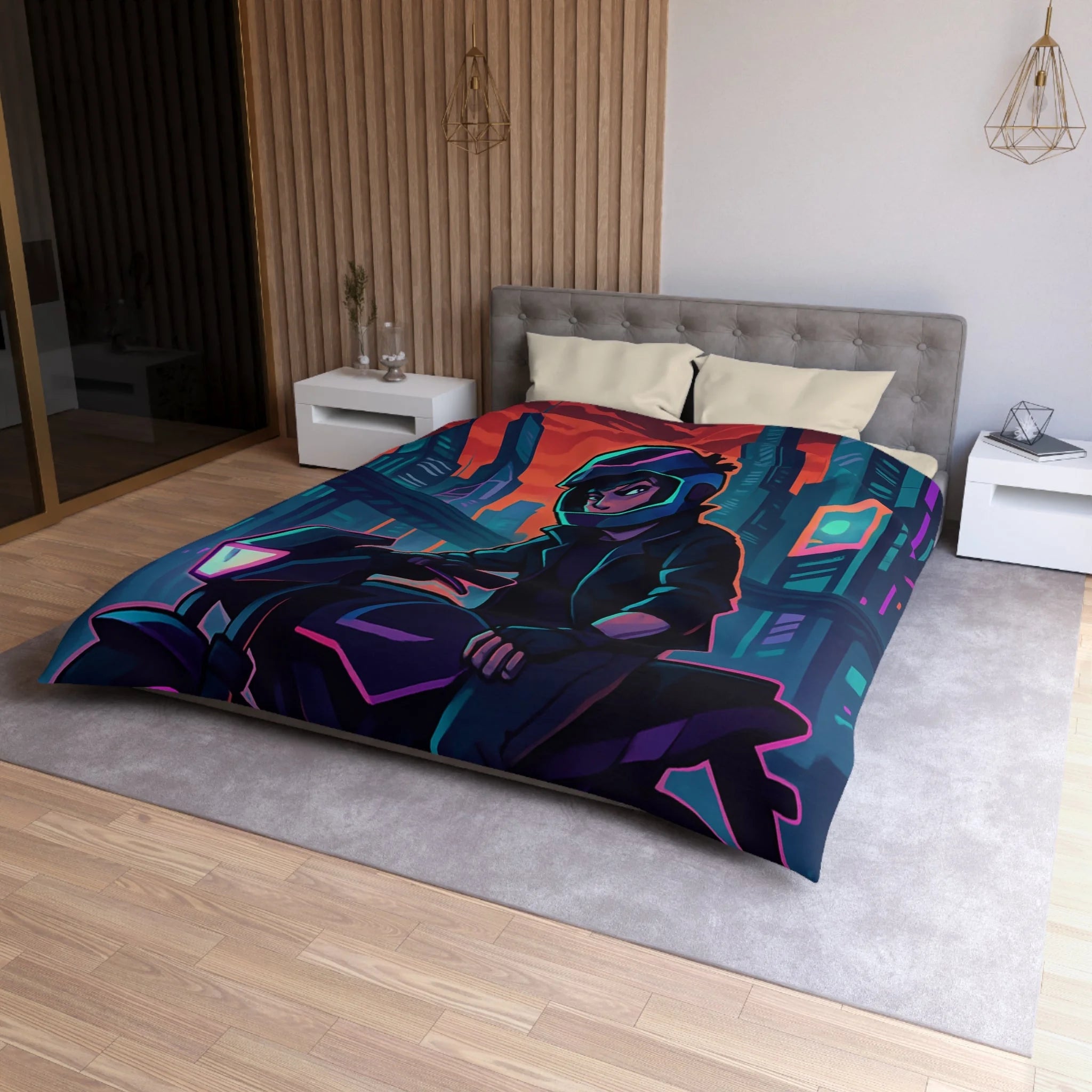 Housse de couette urbaine avec motard futuriste dans une ville de néons colorés