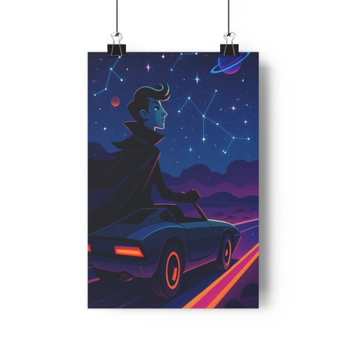 Poster homme cape voiture sportive nuit étoiles constellation nuages planète rouge montagnes route lumière mystère minimaliste chambre salon