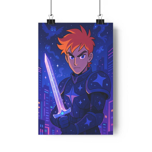 Poster guerrier céleste armure étoilée épée urbain nocturne lumières colorées bâtiments modernes chauves-souris volantes bleu nuit rose violet style moderne