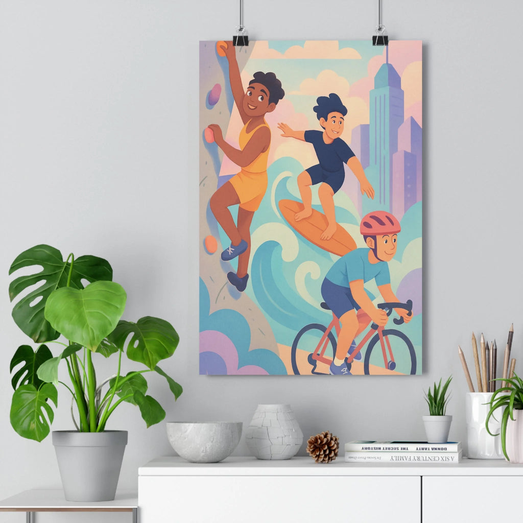 Poster décoratif anime pastel bleu rose orange sportif chambre salon joyeux inspirant dynamique aventure