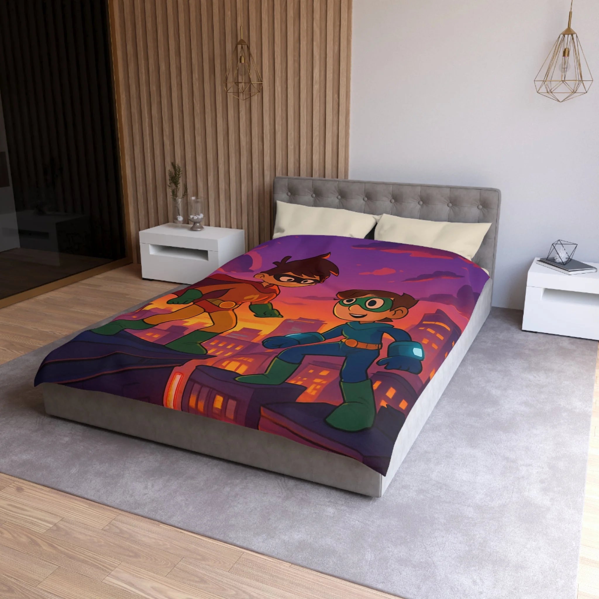 Housse de couette pour enfants avec deux jeunes super-héros au coucher du soleil