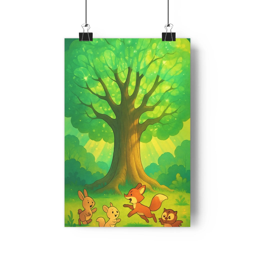 Poster décoratif animé vert doré joyeux enfant chambre nature fantaisie renard lapins chouette 30x46