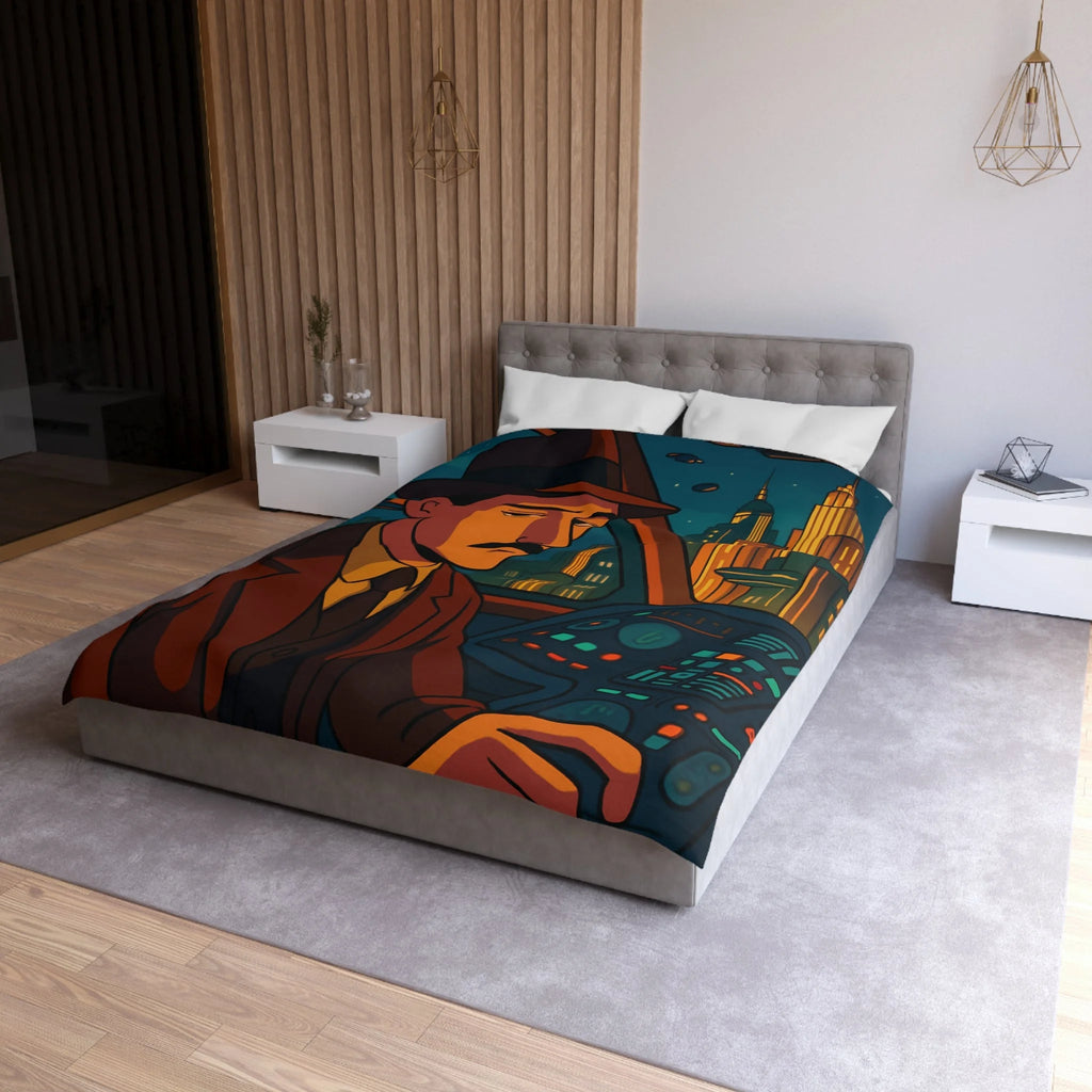 Housse de couette rétro-futuriste avec illustration de ville et pilote dans vaisseau