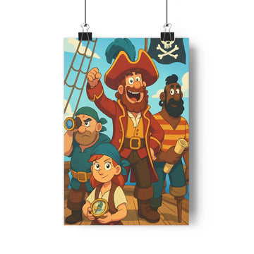 Poster aventure pirate navire boussole moustache lunette parchemin bateau bois ciel bleu nuages mystère expression joyeuse salon chambre