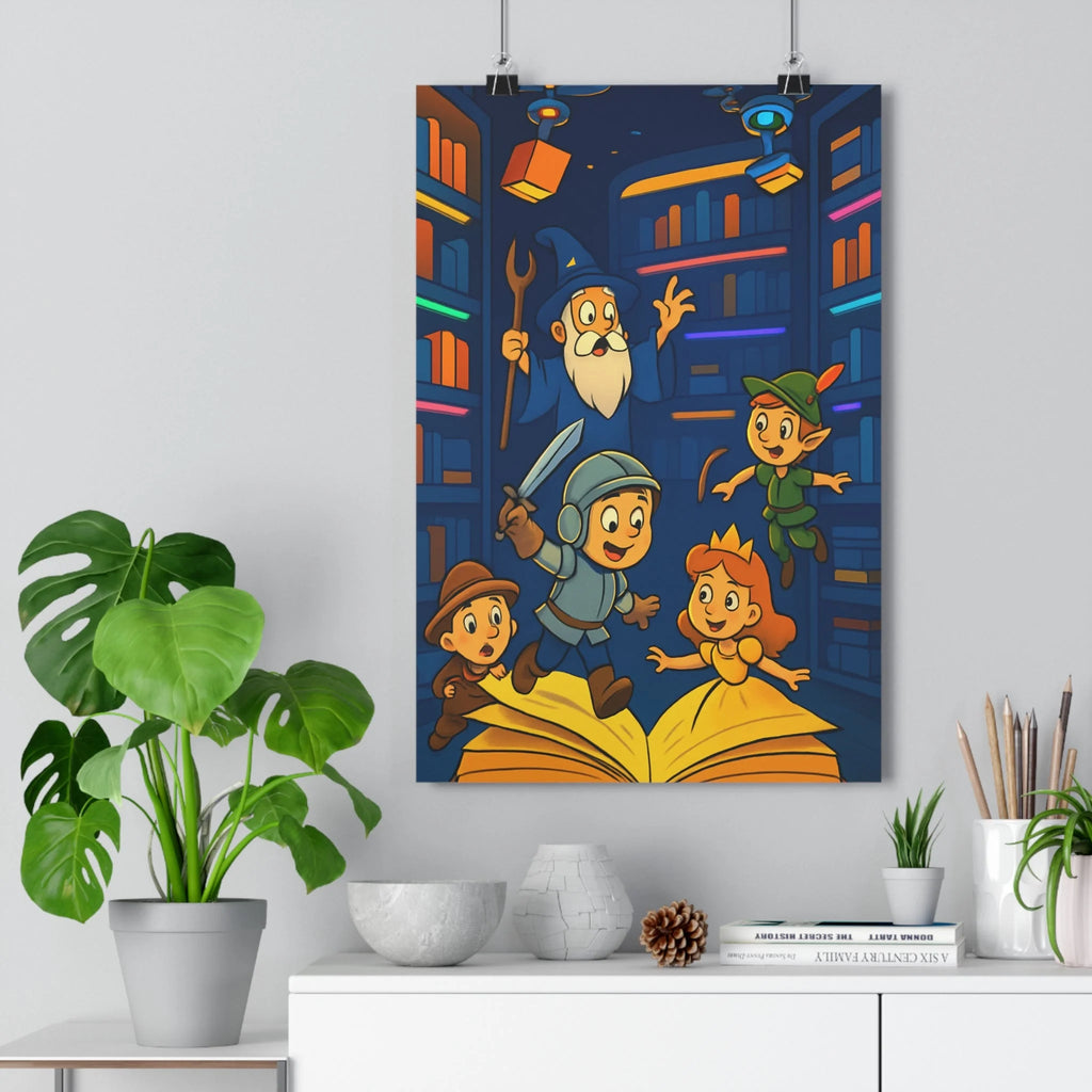 Poster décoratif fantastique coloré moderne enfant chambre aventure ludique vibrant enchanté ambiance magique bibliothèque
