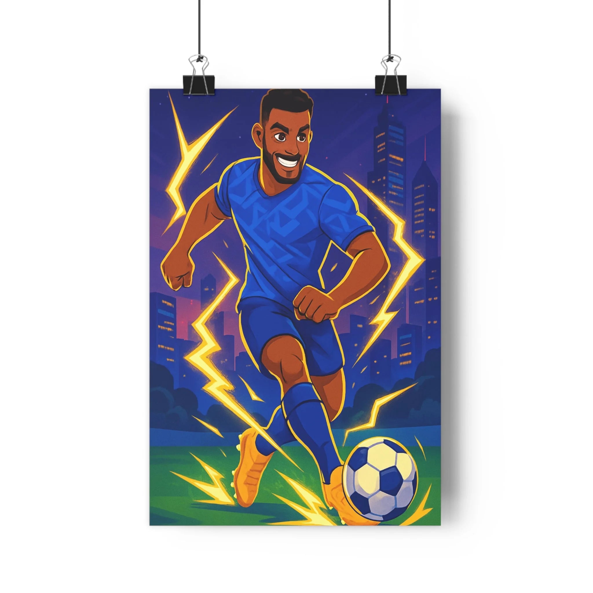 Poster décoratif moderne anime bleu jaune énergique chambre enfant sport dynamique 30x46 cm football