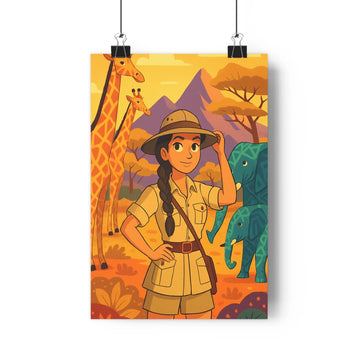Poster aventurier sauvage chasseuse girafes éléphant montagnes arbres fleurs sauvageonne exploration naturelle contours nets couleurs vives ambiance chaude salon chambre