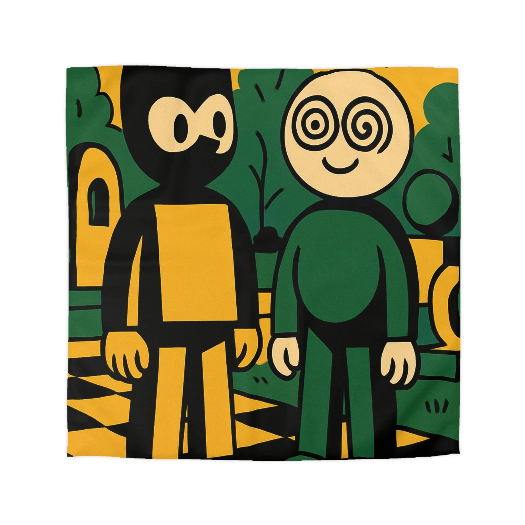 Housse de couette style pop-art cartoon avec personnages et paysage graphique original