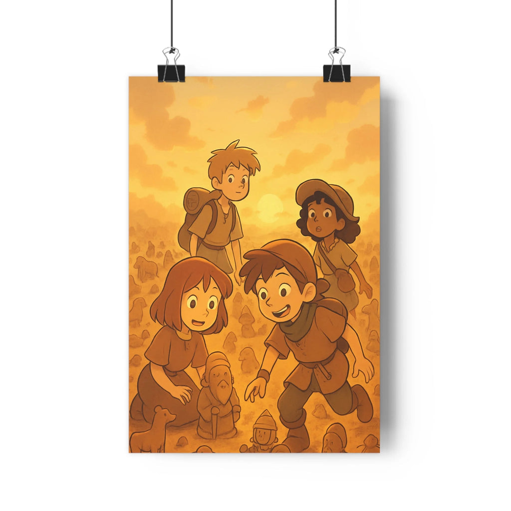 Poster décoratif aventure enfants argile terracotta chaleureux chambre créatif explorateur paysage animé format 30