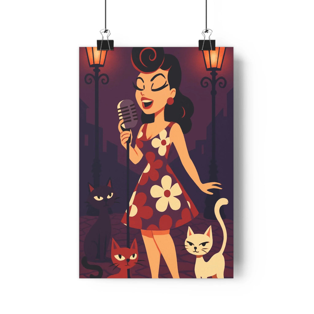Poster décoratif rétro vintage violet orange chanteuse chats espiègle nostalgique chaleureux artistique salon chambre