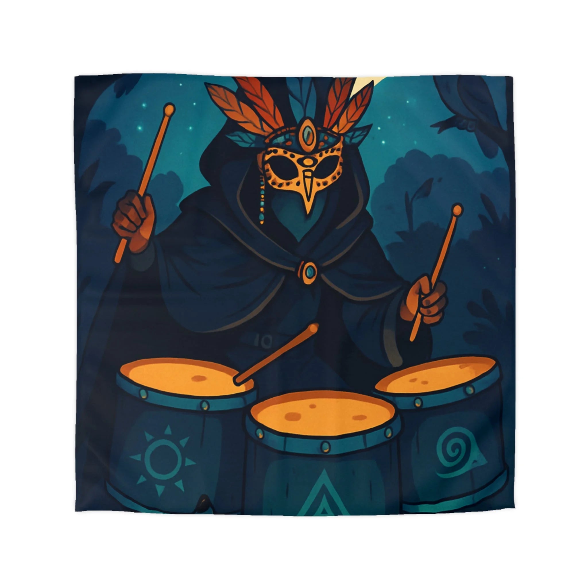 Mystérieux Chaman Jouant des Tambours Sous une Lune Éclairée dans la Forêt