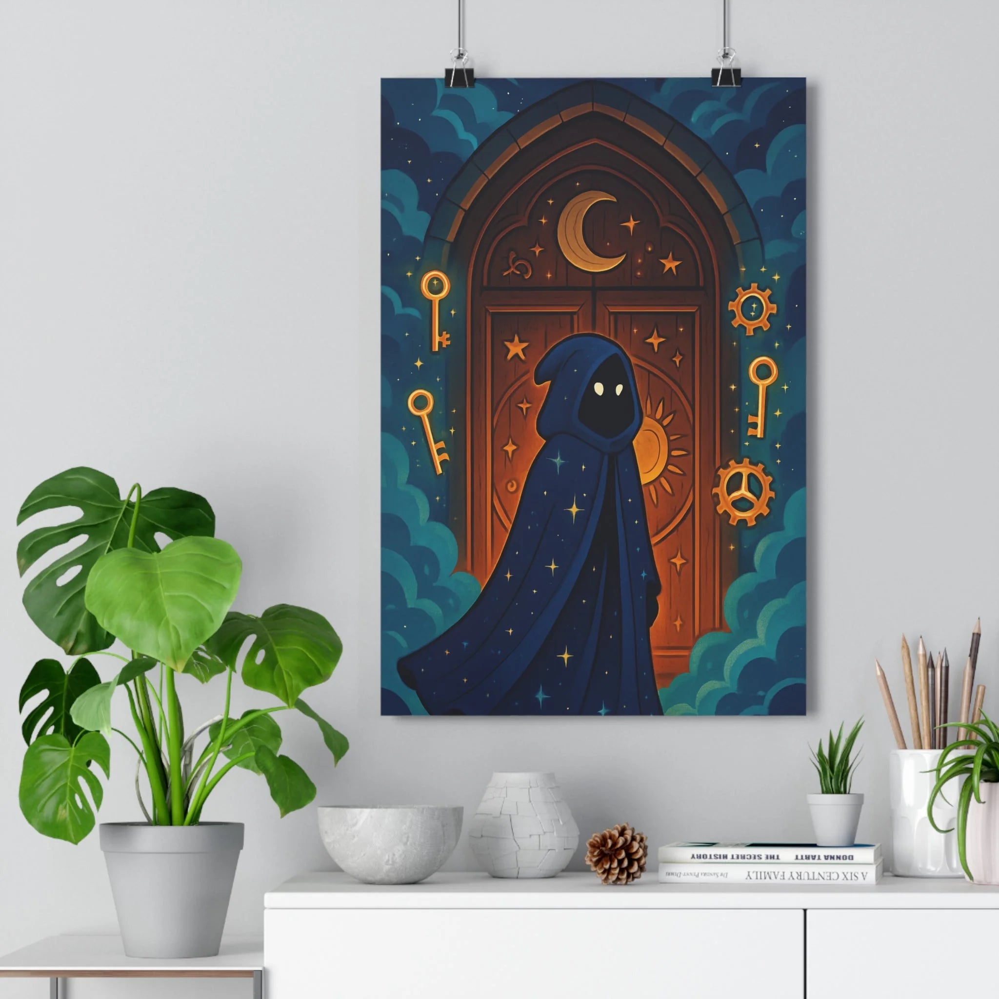 Poster décoratif onirique bleu doré mystique chambre salon apaisant lumineux dessin animé 30x46 cm